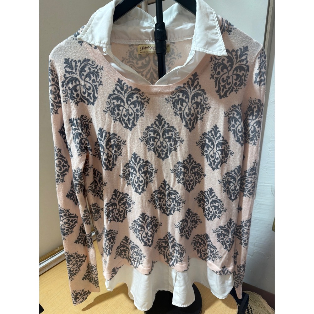 Faded Glory Pink Damask Layered Look Sweater Top XL 16-18 Preppy Collared Shirt